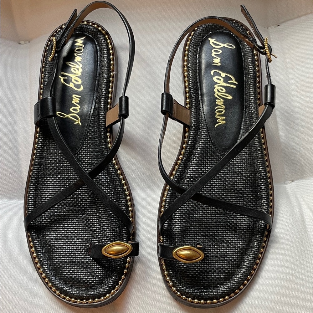 Sam Edelman Black Leather Cross-Strap Sandals with Gold Accents